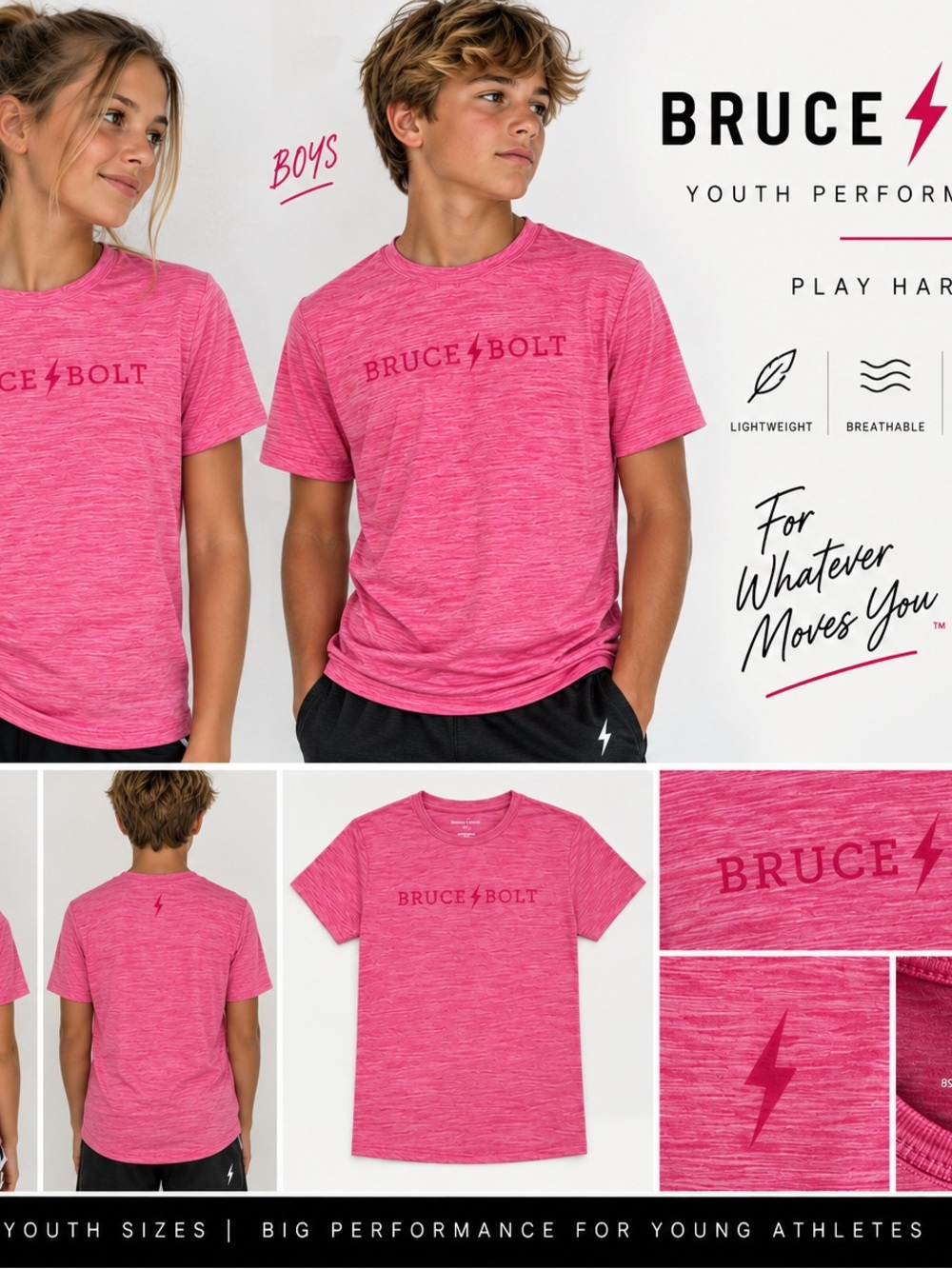 BRUCE BOLT Youth Performance T-Shirt – Pink Heather – Youth XL